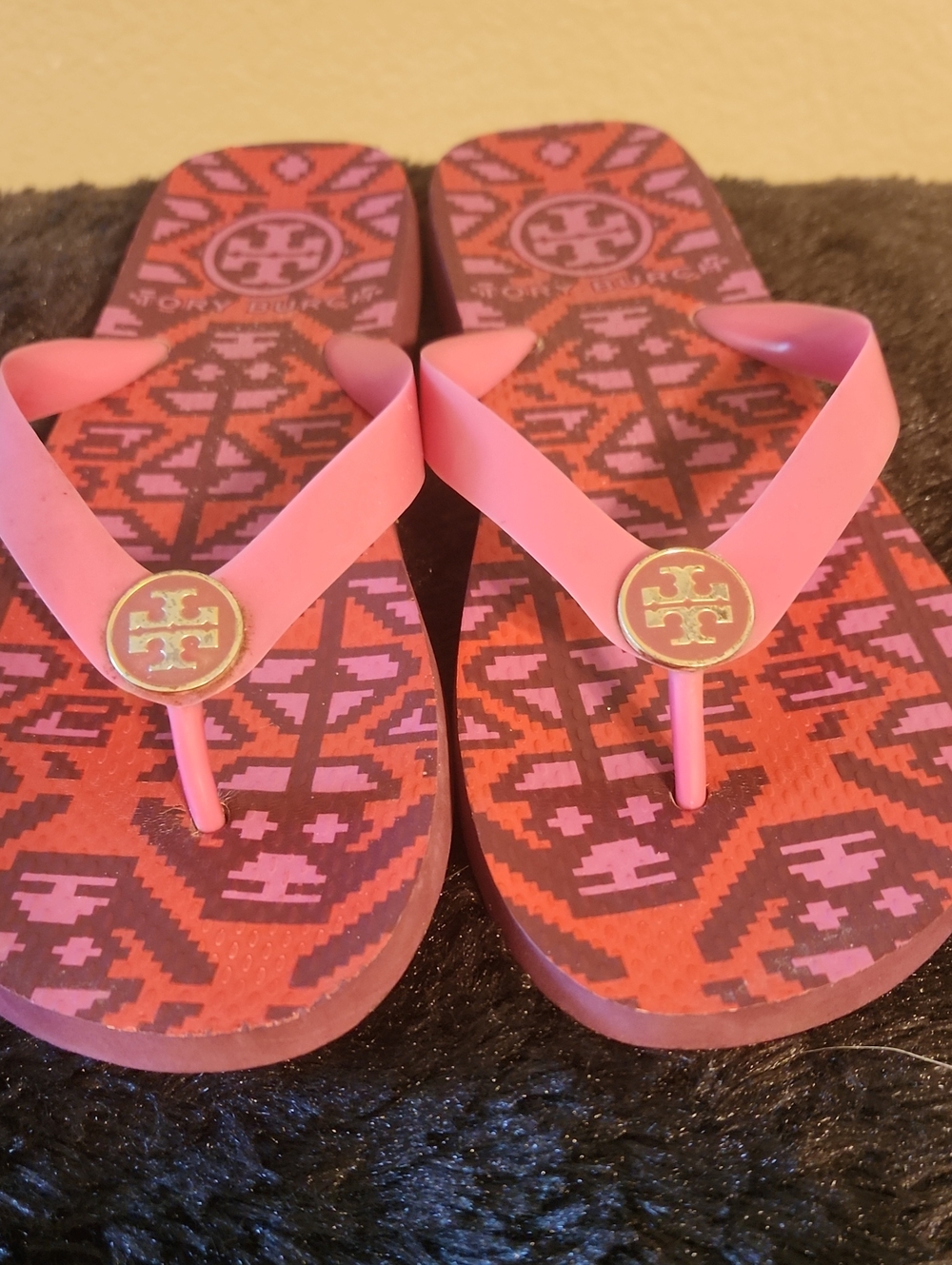 Tory Burch Pink and Purple Patterned Flip Flop Sandals